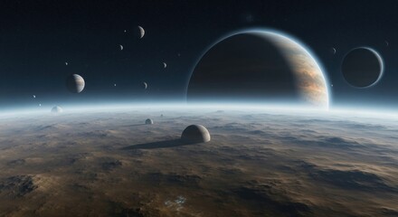 Alien planet landscape with multiple moons and a large gas giant in the starry night sky