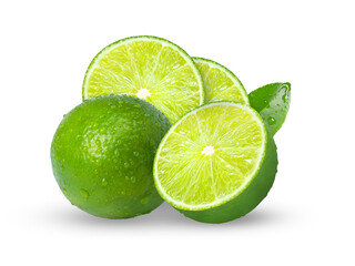 arrangement photograph of whole and sliced limes including a fresh leaf, featuring water droplets and vibrant green color, isolated on transparent background.