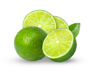 arrangement photograph of whole and sliced limes including a fresh leaf, featuring water droplets and vibrant green color, isolated on transparent background.