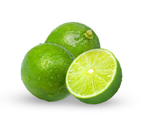 close-up photograph displaying two fresh whole limes and one bright half lime segment, all covered in refreshing moisture, isolated on a solid transparent background.