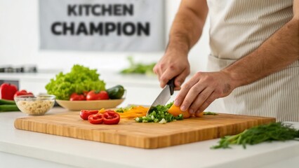 allergy aware cooking A chef chopping vegetables in a bright kitchen, showcasing culinary skills and fresh ingredients.
