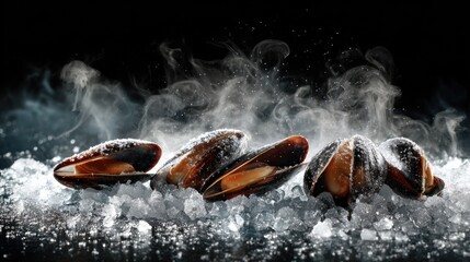 Fototapeta premium Fresh and Tasty Shellfish on Ice with Evaporating Steam in a Dark Background for Culinary Themes