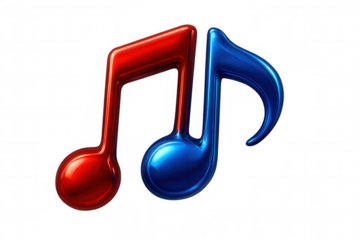 Two glossy 3d musical notes in red and blue, symbolizing sound, entertainment, and digital audio, on transparent background