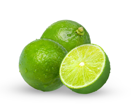 close-up photograph displaying two fresh whole limes and one bright half lime segment, all covered in refreshing moisture, isolated on a solid transparent background.