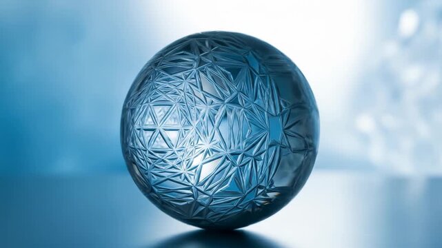 Geometric sphere object with intricate pattern and soft blue light