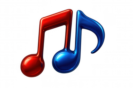 Two glossy 3d musical notes in red and blue, symbolizing sound, entertainment, and digital audio, on transparent background