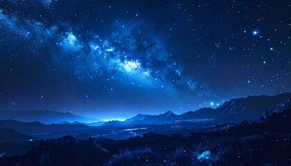 Fototapeta premium Beautiful dark blue night sky with bright stars clouds and moon over a mountain landscape