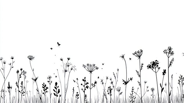 Delicate wildflower silhouettes border a white background with flying insects.