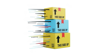 Stacked cardboard boxes with this side up arrows isolated on transparent background