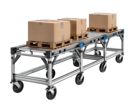 Automated conveyor for pallet and box transfer in warehouse. Efficient logistics and shipping system for factory distribution and industrial automation process