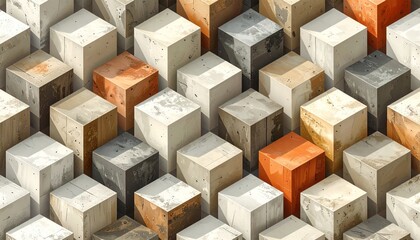 Fototapeta premium A large stack of wooden pallets, cardboard boxes, and building bricks forms a geometric concept structure for packaging and construction