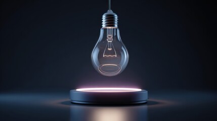 Futuristic Light Bulb Floating Above a Minimalist Base in a Dark Environment