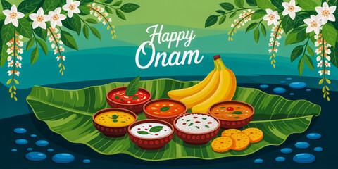 Happy onam feast celebration with traditional food items and floral decorations