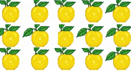 Pixel Art Lemons With Green Leaves In A White Background Pattern Fresh Fruit Illustration