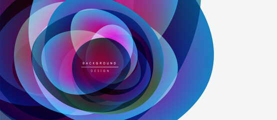 Abstract colorful circles overlap, creating dynamic visual effect. White space balances composition. Modern design element.