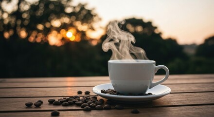 Steaming white coffee cup on wooden table with coffee beans at sunrise outdoors