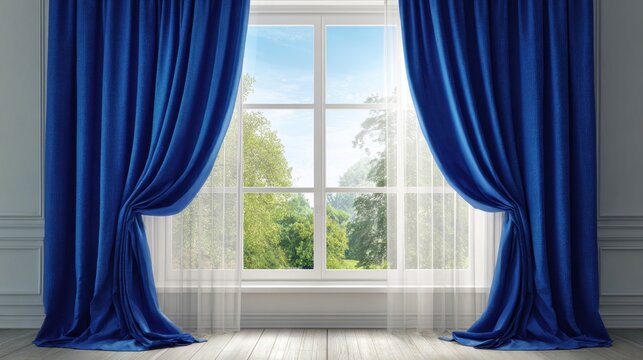 Elegant blue curtains draping a bright window with a serene outdoor view featuring trees and clear blue sky - Powered by Adobe