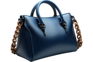 Stylish blue leather handbag with chain detail perfect for fashion accessories and everyday elegance on transparent background