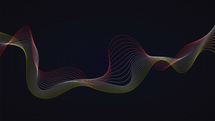 Abstract flowing lines background with dynamic waves in red yellow and white shades on dark background