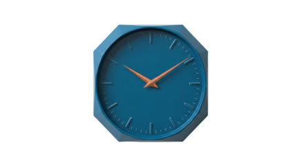 Isolated octagonal blue clock with orange hands indicates the time with no background