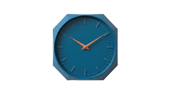 Isolated octagonal blue clock with orange hands indicates the time with no background