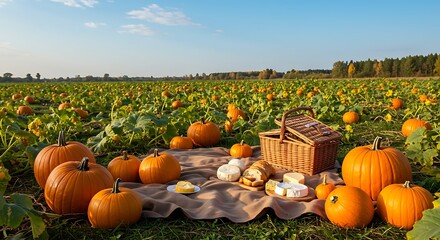 Picnic setup in a pumpkin patch with a basket, cheese, and bread, under a clear blue sky.