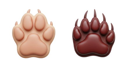 Isolated render showing 3D comparison between padded paw and clawed paw, dog versus bear