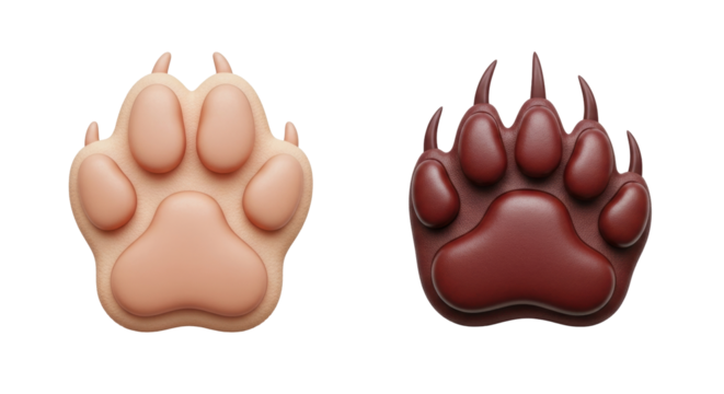 Isolated render showing 3D comparison between padded paw and clawed paw, dog versus bear