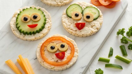 kids food allergy friendly Creative rice cakes decorated as playful faces using vegetables and cheese.