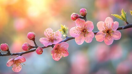 Blossoming pink flowers in soft sunlight