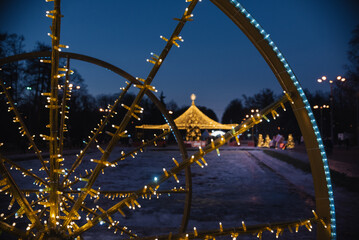 New Year's lights on Christmas trees in the city park