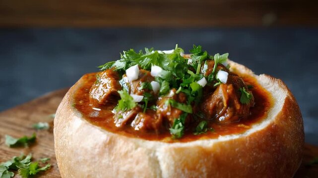 A round bread loaf hollowed out and filled with beef stew, topped with chopped cilantro and onions.