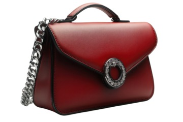 Elegant red leather handbag with silver chain and decorative clasp for fashion and style accessories on transparent background