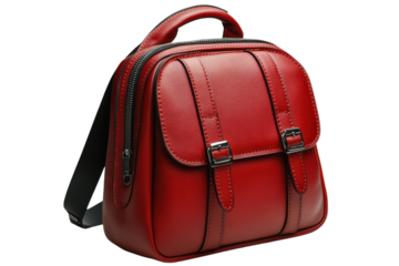 Stylish red leather backpack with adjustable straps and silver buckles for everyday fashion and travel use on transparent background