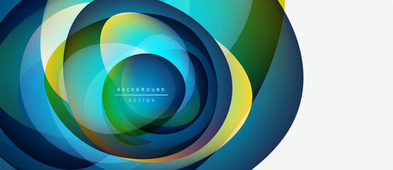 Fototapeta premium Abstract colorful layers create dynamic circular design. Gradient hues blend, forming modern background element. Text reads background design.