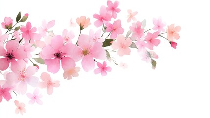 Delicate pink spring blossoms gently cascade across a white background.