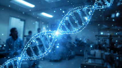 Abstract molecular DNA helix structure on a blue-sky background, illustrating science and technology research into biology and medicine.