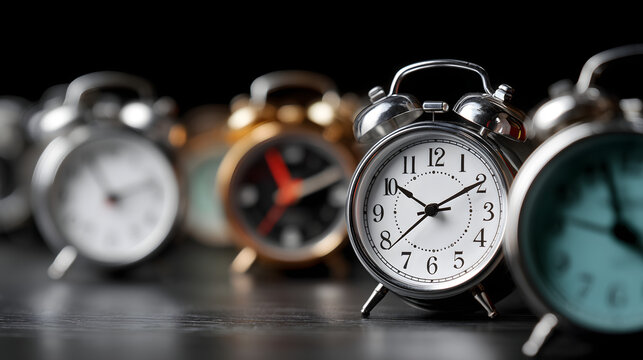 Divers réveils classiques en métal sur une surface sombre à l'heure du soir