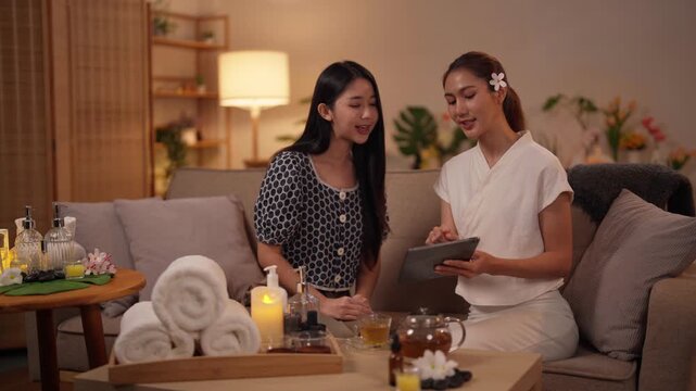 Asian spa therapist client consultation explaining wellness treatment options digital tablet cozy lounge relaxation ambiance