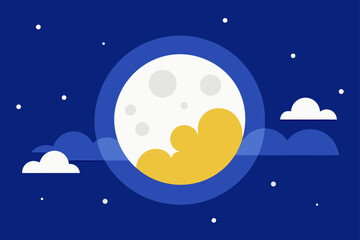 Stylized full moon with clouds and stars on a dark blue night sky