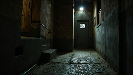 Verlassener, d&uuml;sterer Flur mit einzelner Lichtquelle