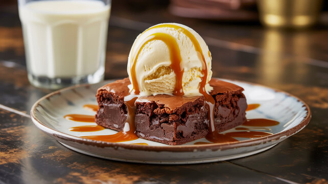 Decadent chocolate brownie with vanilla ice cream and caramel drizzle dessert