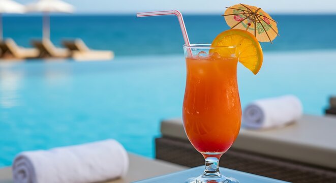 Refreshing orange cocktail with straw and umbrella garnish, poolside with lounge chairs and ocean view.