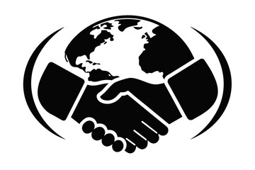 Black and White Icon of Handshake with Globe and Arcs