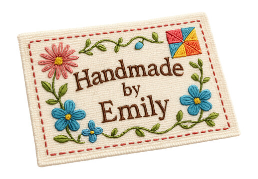 Embroidered fabric label for personalizing handmade quilts.