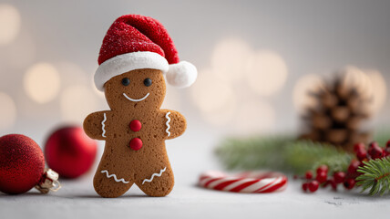 Adorable y graciosa galleta con forma de hombrecillo de jengibre con gorro rojo y blanco de papa noel sobre fondo desenfocado claro con adornos de navidad