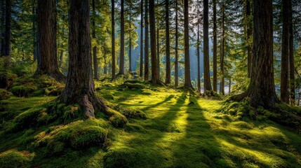 Fototapeta premium Sunlit Forest Scene with Tall Trees and Lush Greenery