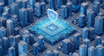 Futuristic cyber cityscape with glowing digital shield symbol at center