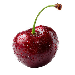 Single ripe sour cherry with water droplets isolated on a deep black backdrop