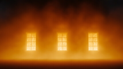 Three glowing windows shining through dark fog, creating mysterious atmosphere with orange light and dramatic mood.